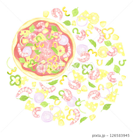 Hand drawn watercolor pizza round frame border. Illustration of cut prawn pineapple basil isolated on white background. Can be used for label, card, scrapbook and other printed products. 126583945