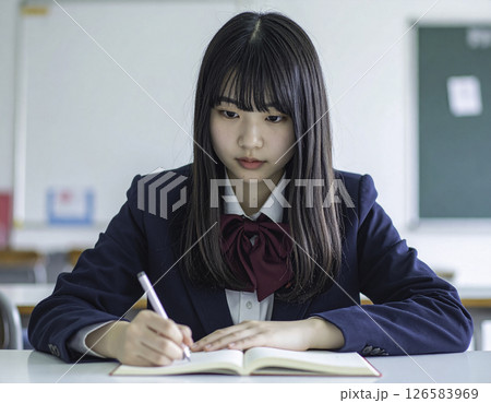 真剣なまなざし｜集中して学ぶ女子学生の教室風景 126583969