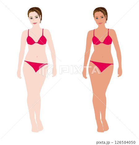 さまざまなポーズをしたリアルな若い女性の水着の日焼け前と後のイラストセット・ビキニ07 さまざまなポーズをしたリアルな若い女性の水着の日焼け前と後のイラストセット・ビキニ07 126584050
