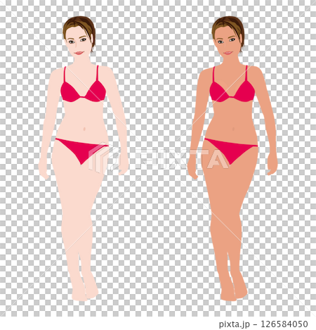 さまざまなポーズをしたリアルな若い女性の水着の日焼け前と後のイラストセット・ビキニ07 さまざまなポーズをしたリアルな若い女性の水着の日焼け前と後のイラストセット・ビキニ07 126584050