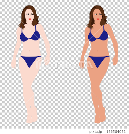 Realistic young woman in various poses before and after tanning illustration set, bikini 08 126584051