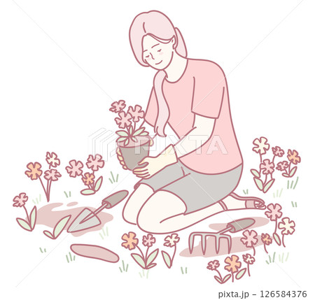 Gardening Joy The Delightful Activity of Planting Beautiful Flowers in a Lush Garden Space 126584376
