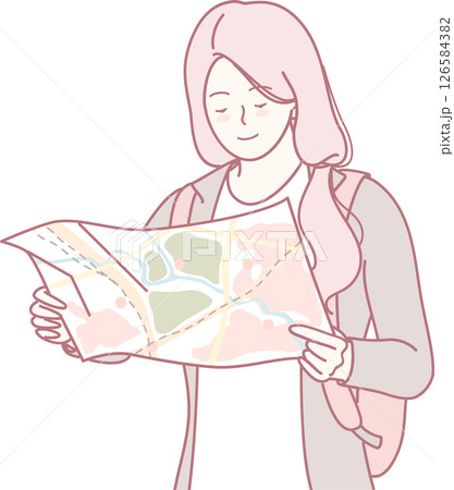Young Woman Exploring with a Map A Modern Travel Adventure in a Beautiful City Landscape 126584382