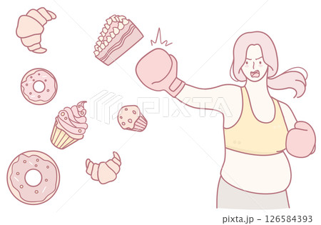 An Empowered Woman Boxing, Surrounded by Tempting Sweets, Embodies Strength and Determination 126584393