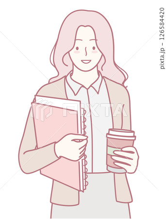 A Confident, Professional Woman Holding Important Business Files While Enjoying a Cup of Coffee 126584420