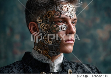 a human face made of intricate clockwork, symbolizing time shaping identity, steampunk aesthetic 126584510