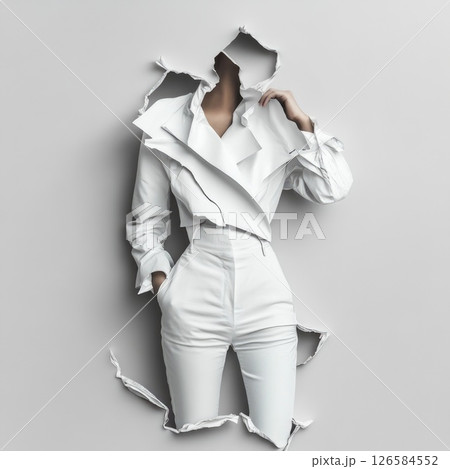 A unique fashion design featuring a white outfit on a model making its way through a wall in a minimalist setting. A fashion magazine design element 126584552