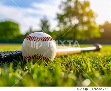 芝生の上に置かれた野球ボールとバット 芝生の上に置かれた野球ボールとバット 126584732