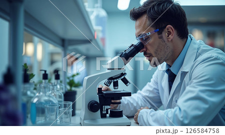 Human examination, microscope and analysis in laboratory, biochemical and innovative medical research or virus samples 126584758