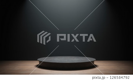 Empty dark stage with round podium spotlighted wooden floor minimalist design product presentation professional showcase event Empty dark stage with round podium spotlighted wooden floor minimalist design product presentation professional showcase event 126584792