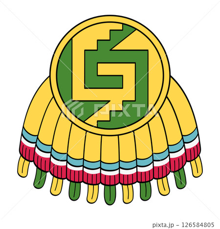 Chimalli, Aztec shield with feathers, and stepped fret pattern. Xicalcoliuhqui, meander motif composed of steps connected to a spiral. Traditional defensive armament of indigenous Mesoamerican states. Chimalli, Aztec shield with feathers, and stepped fret pattern. Xicalcoliuhqui, meander motif composed of steps connected to a spiral. Traditional defensive armament of indigenous Mesoamerican states. 126584805