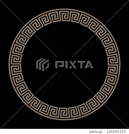 Golden Round frame meander. Typical egyptian, assyrian, greek, chinese motives. Circle border. Gold outline border isolated on black background. Template for textile, engraving, porcelain, embroidery 126585157