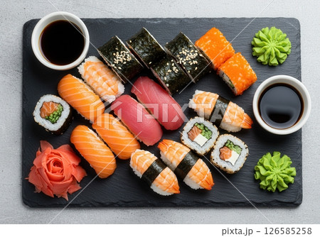Assorted sushi with soy sauce and wasabi Assorted sushi with soy sauce and wasabi 126585258
