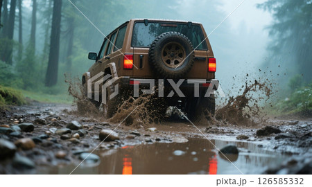 A dynamic scene of an off-road vehicle driving along a muddy forest trail on a rainy day. The vehicle is a rugged brown jeep with a spare tire on the back, splashing up thick mud and water as it moves 126585332