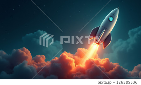 A futuristic rocket launches into space, leaving a fiery trail against a vibrant nebula backdrop. 126585336
