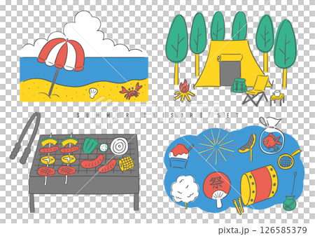 Hand-drawn summer leisure set (sea, camping, barbecue, summer festival) 126585379