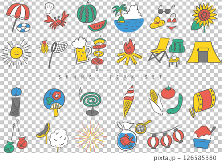 夏季圖示套裝（手繪風格）（風鈴、西瓜、捉蟲、刨冰等） 126585380