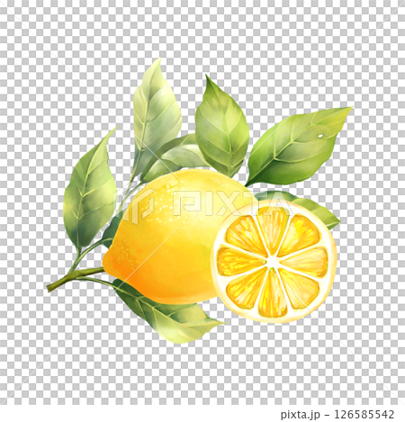 Fresh Lemon fruits with green leaves. Hand drawn watercolor illustration Fresh Lemon fruits with green leaves. Hand drawn watercolor illustration 126585542