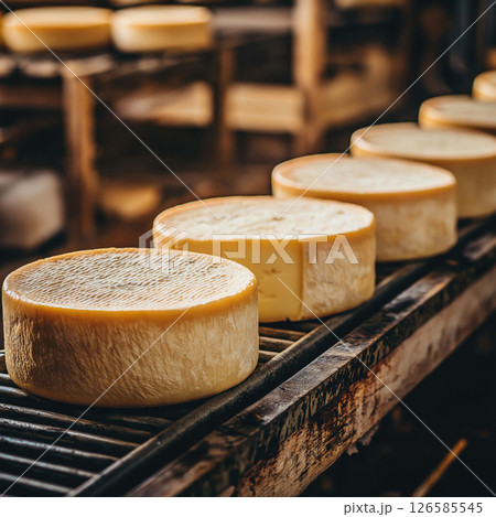 Wheels of cheese aging on wooden shelves in a traditional cheese factory 126585545