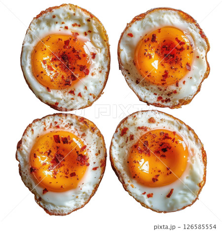 Four fried eggs with red pepper flakes on transparent background 126585554