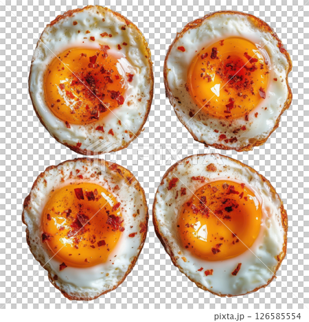 Four fried eggs with red pepper flakes on transparent background 126585554