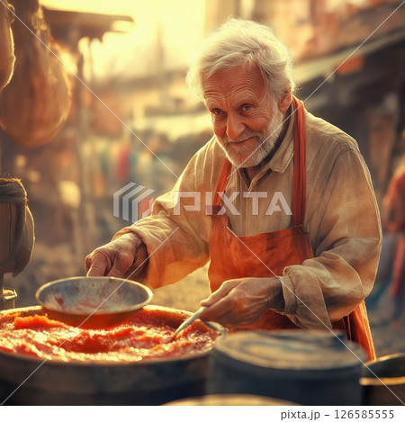 Elderly street vendor cooking tomato paste in a large pot 126585555