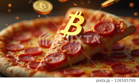 A realistic, highly detailed slice of hot pepperoni pizza with melted cheese stretching, topped with a shiny golden Bitcoin symbol. 126585700