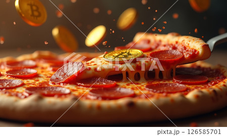 A realistic, highly detailed slice of hot pepperoni pizza with melted cheese stretching, topped with a shiny golden Bitcoin symbol. 126585701