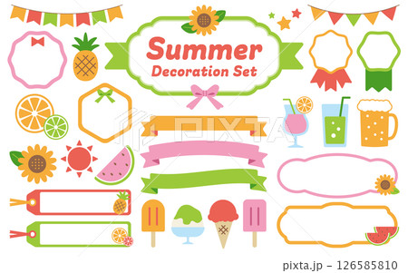 夏のデコレーション素材セット/ひまわり・パイナップル・スイカ・ジュース・アイス・ビールのイラスト付き 夏のデコレーション素材セット/ひまわり・パイナップル・スイカ・ジュース・アイス・ビールのイラスト付き 126585810