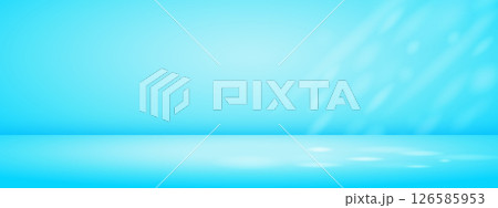 Blue studio room with sun rays. Limbo light background. Abstract 3d bg with empty space for advertising text. Vector mockup illustration. 126585953