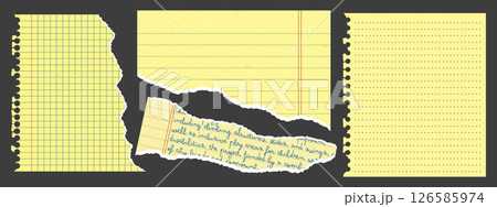Torn paper elements with rough, uneven edges. Ripped yellow notebook page scraps with paper texture. 126585974