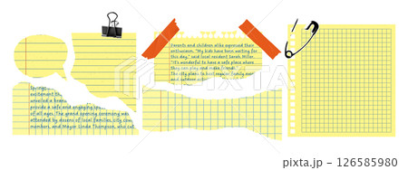 Yellow torn notebook paper collage with lined and grid sheets, stationery elements. Isolated set with tape, binder clip, and safety pin. School and office supplies for scrapbooking, digital projects. 126585980