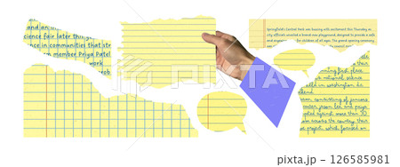 Yellow torn notebook paper collage with lined sheets and halftone hand. School and office stationery elements. Modern design template for scrapbooking and banners. 126585981