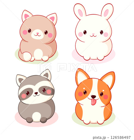 Set of cute cartoon pets. Baby collection of avatar with racoon, cat, bunny, puppy. Sweet set of baby animals. Can be used for t-shirt print, stickers, greeting card design. Vector illustration EPS8 126586497