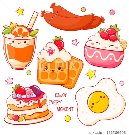 Breakfast time. Vector cute food in kawaii style. Sausage, scrambled eggs, pancakes, waffles with strawberries, juice. Delightful assortment of desserts in a charming style for t-shirt print, sticker 126586498