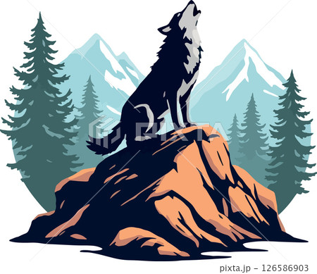 Vsai majestic wolf howling on a rocky mountain peak in a forest landscape Vsai majestic wolf howling on a rocky mountain peak in a forest landscape 126586903