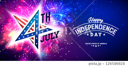 4th of July Independence Day of the USA Vector Illustration with American Flag in Star Symbol and Shiny Fireworks on Night Sky Background. Fourth of July National Celebration Design with Typography 126586928