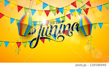 Festa Junina Banner Design with Party Flags, Paper Lantern and Typography Lettering on Yellow Falling Confetti Background. Vector Brazil Sao Joao June Festival Illustration for Greeting Card, Banner 126586940