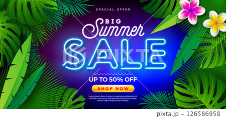 Summer Sale Design with Flower and Glowing Neon Light on Fluorescent Tropic Leaves Background. Tropical Floral Vector Illustration with Special Offer Typography for Coupon, Voucher, Banner, Flyer 126586958
