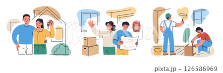 Set of vector scenes, moving to new home. Couple standing with keys in front of house, people planning renovation in new apartment, flat boxes illustrations, painting walls and assembling furniture 126586969