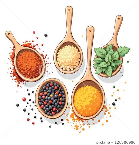 Vsai wooden spoons containing colorful spices and herbs on white background 126586980