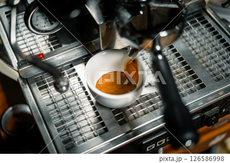 Espresso in White Cup on Espresso Machine Espresso in White Cup on Espresso Machine 126586998