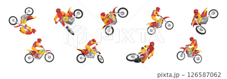 Freestyle Motocross with Motorcycle Rider Performing Jumps and Stunt Vector Set Freestyle Motocross with Motorcycle Rider Performing Jumps and Stunt Vector Set 126587062