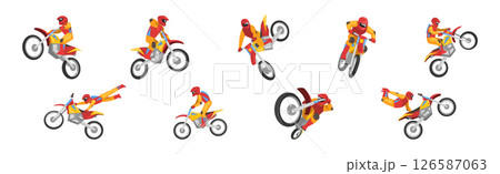 Freestyle Motocross with Motorcycle Rider Performing Jumps and Stunt Vector Set Freestyle Motocross with Motorcycle Rider Performing Jumps and Stunt Vector Set 126587063