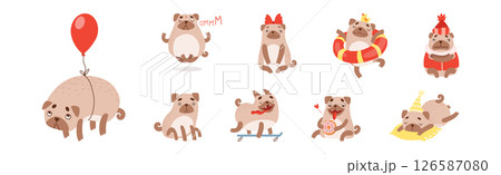 Funny Pug Dog Character Engaged in Different Activity Vector Set Funny Pug Dog Character Engaged in Different Activity Vector Set 126587080