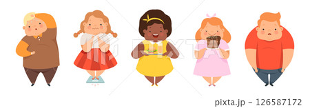 Overweight Boy and Girl Character Eating Fast Food Vector Set 126587172