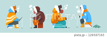 Man in Warm Coat Fishing in Winter at Frozen River Vector Set 126587183