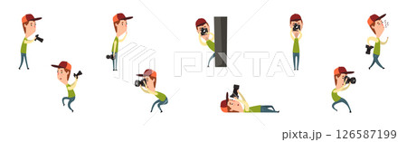Man Photographer Taking Photos Using Professional Equipment Vector Set 126587199