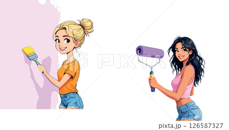 Vsai two smiling painters using brush and roller painting a wall 126587327