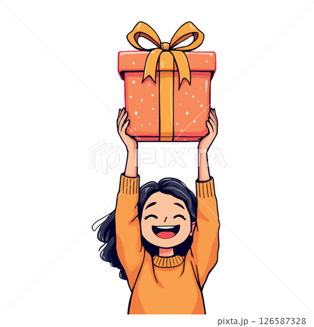 Vsai happy girl holding gift box above her head 126587328